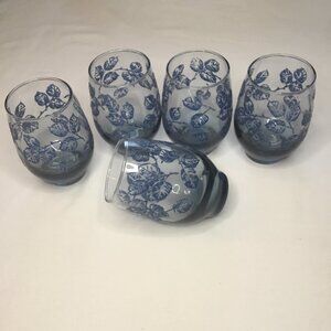 5 LIBBEY 12OZ DRINK TUMBLERS, RUBBER TEXTURE PAINTED BLUE LEAVES 1970'S